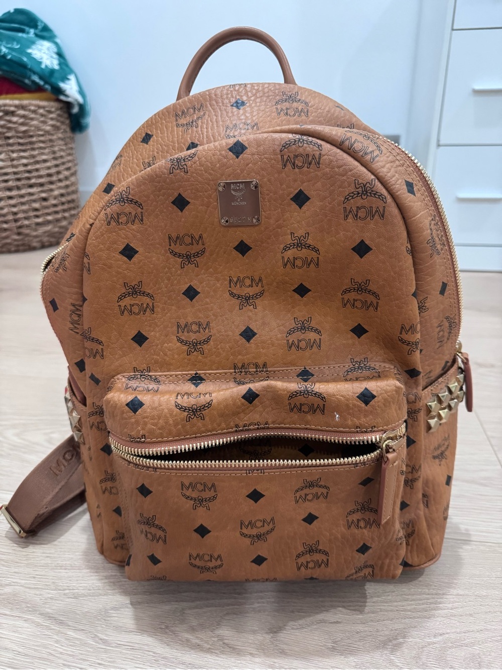 MCM Cognac Visetos Monogram Mini Backpack with Stud Details
